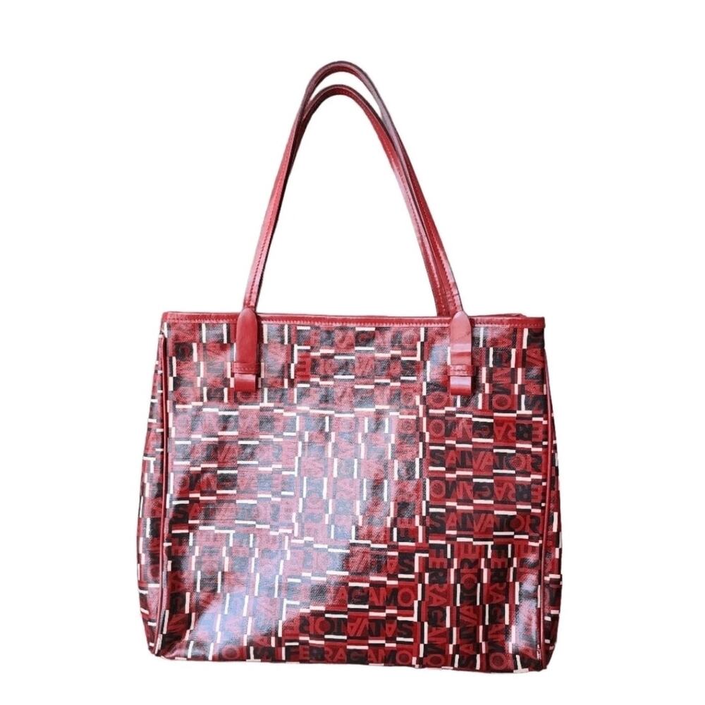 Authentic Vintage Salvatore Ferragamo Red Logogram Canvas Shoulder Tote Bag - Picture 2 of 11